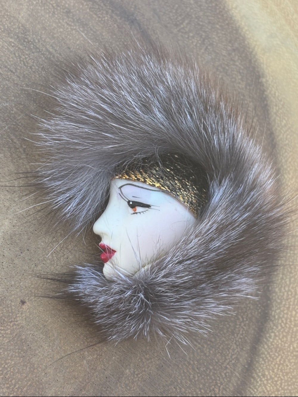 Vintage Lady's Face Brooch with Gray Fur Trim
